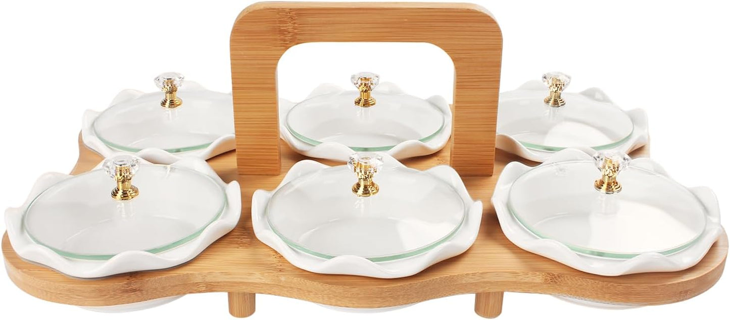 Ceramic Serving Bowls with glass Lids and metal Platter, 3 Removable Dipping Bowls Relish Tray Nuts Dishes for Appetizer, Fruits, Candy & Condiment, Perfect for Party Entertainment