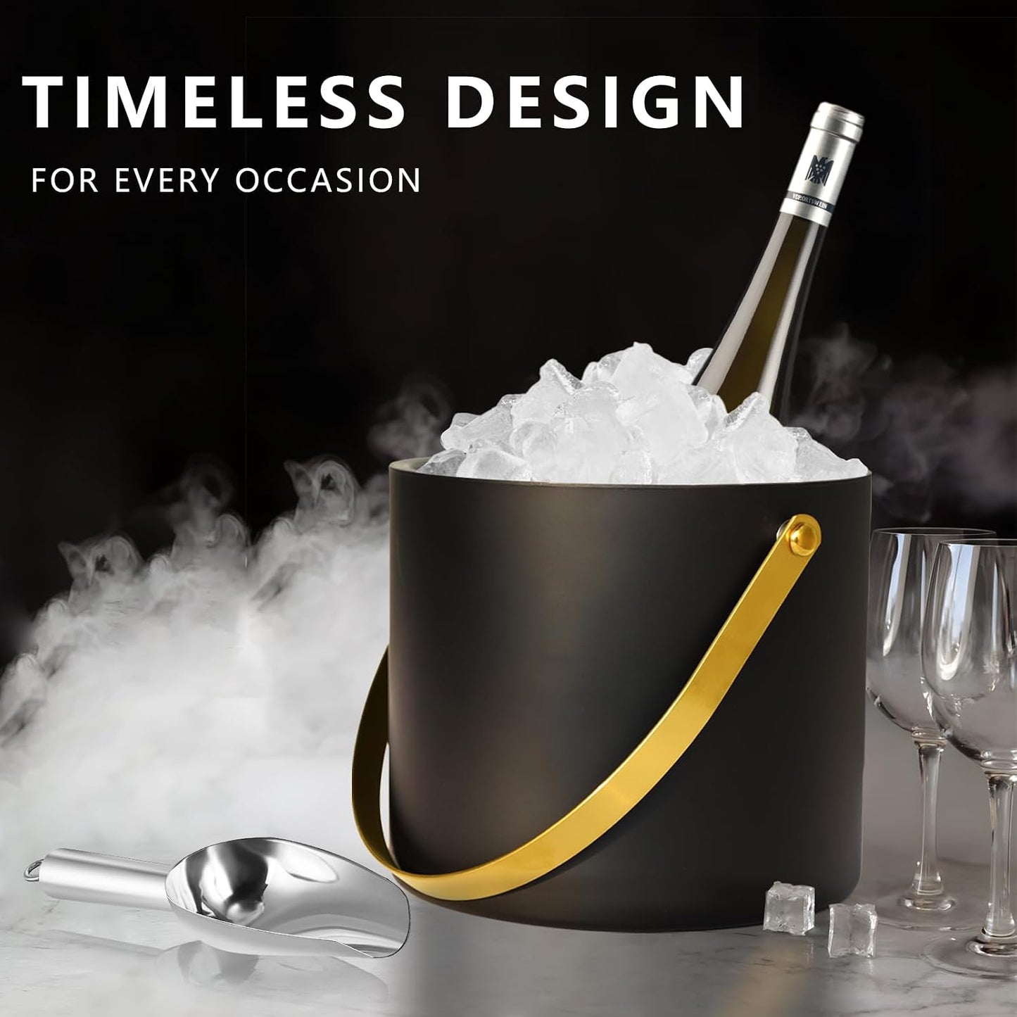 Bakpoco Insulated Ice Bucket with Silicone Lid, Scoop, Tongs & Strainer, 3L Stainless Steel Double Wall Ice Buckets for Parties & Cocktail Bar, Champagne Ice Bucket with Lid for Freezer, Ivory