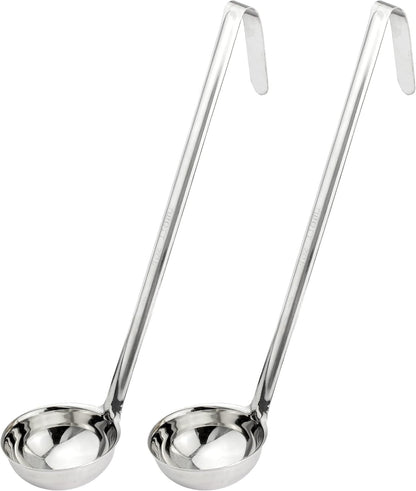Fit Meal Prep [2 Pack] 2 oz Stainless Steel Soup Ladle, One-Piece Sauce Spatula with Hook Handles, Commercial Grade Serving Spoon, Kitchen Tool for Restaurant or Home Cooking, Mirror Finish, 12" Long