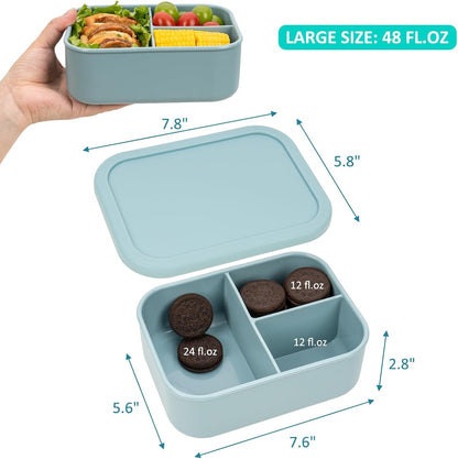 Silicone Bento Box Adult Lunch Container, 3 Compartment Container, Food Grade Silicone Bento Lunch Box for Work Travel Meal Prep, Leak-proof Food Storage Container（1 Pack Nile Blue）