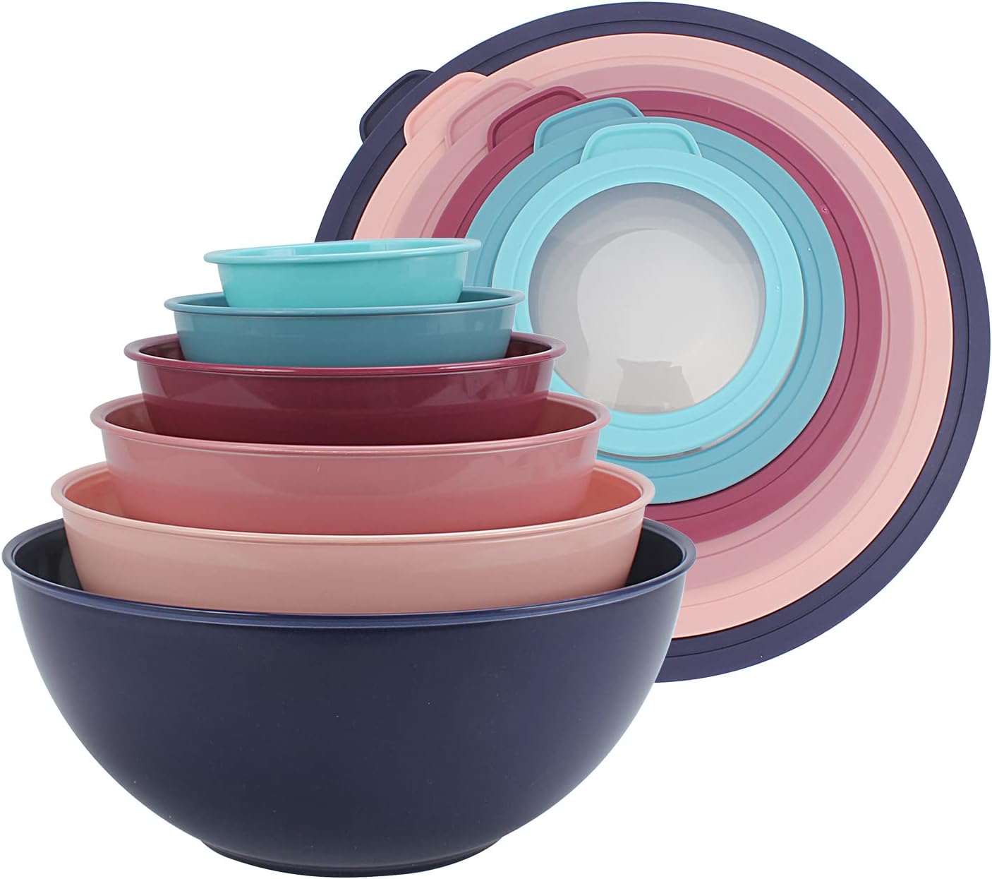 COOK WITH COLOR Mixing Bowls with Lids - 12 Piece Plastic Nesting Bowls Set includes 6 Prep Bowls and 6 Lids, Microwave Safe Mixing Bowl Set, Pink Embossed - Colors B