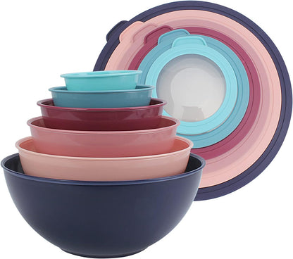 COOK WITH COLOR Mixing Bowls with Lids - 12 Piece Plastic Nesting Bowls Set includes 6 Prep Bowls and 6 Lids, Microwave Safe Mixing Bowl Set, Pink Embossed - Colors B