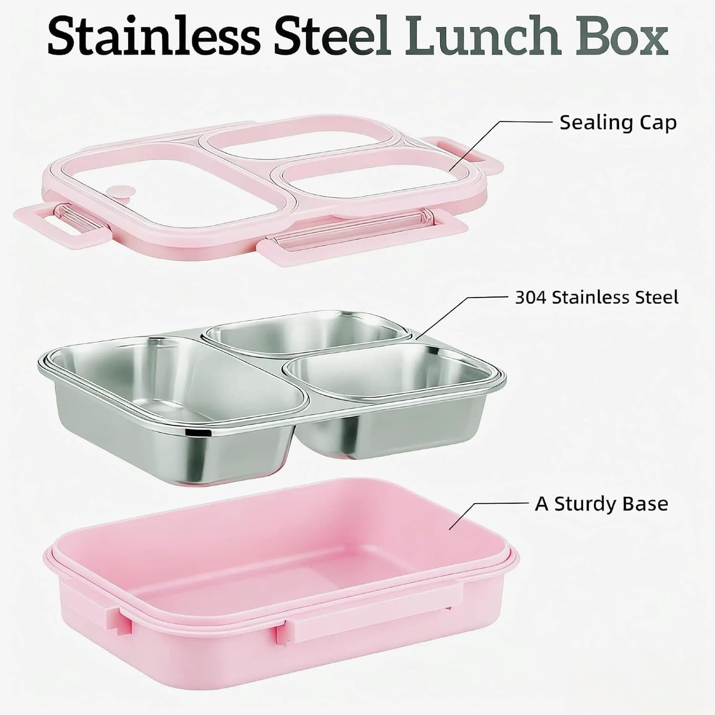 Stainless Steel Bento Box for Kids, 3-Compartment Leakproof Lunch Box with Lid, Toddler Food Container for School, Microwave Safe, Dishwasher Safe, BPA Free, 25oz(green)