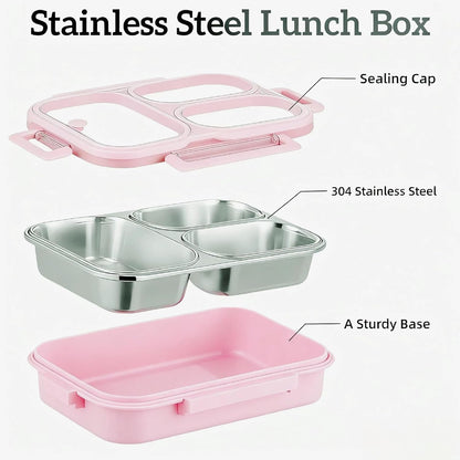 Stainless Steel Bento Box for Kids, 3-Compartment Leakproof Lunch Box with Lid, Toddler Food Container for School, Microwave Safe, Dishwasher Safe, BPA Free, 25oz(green)