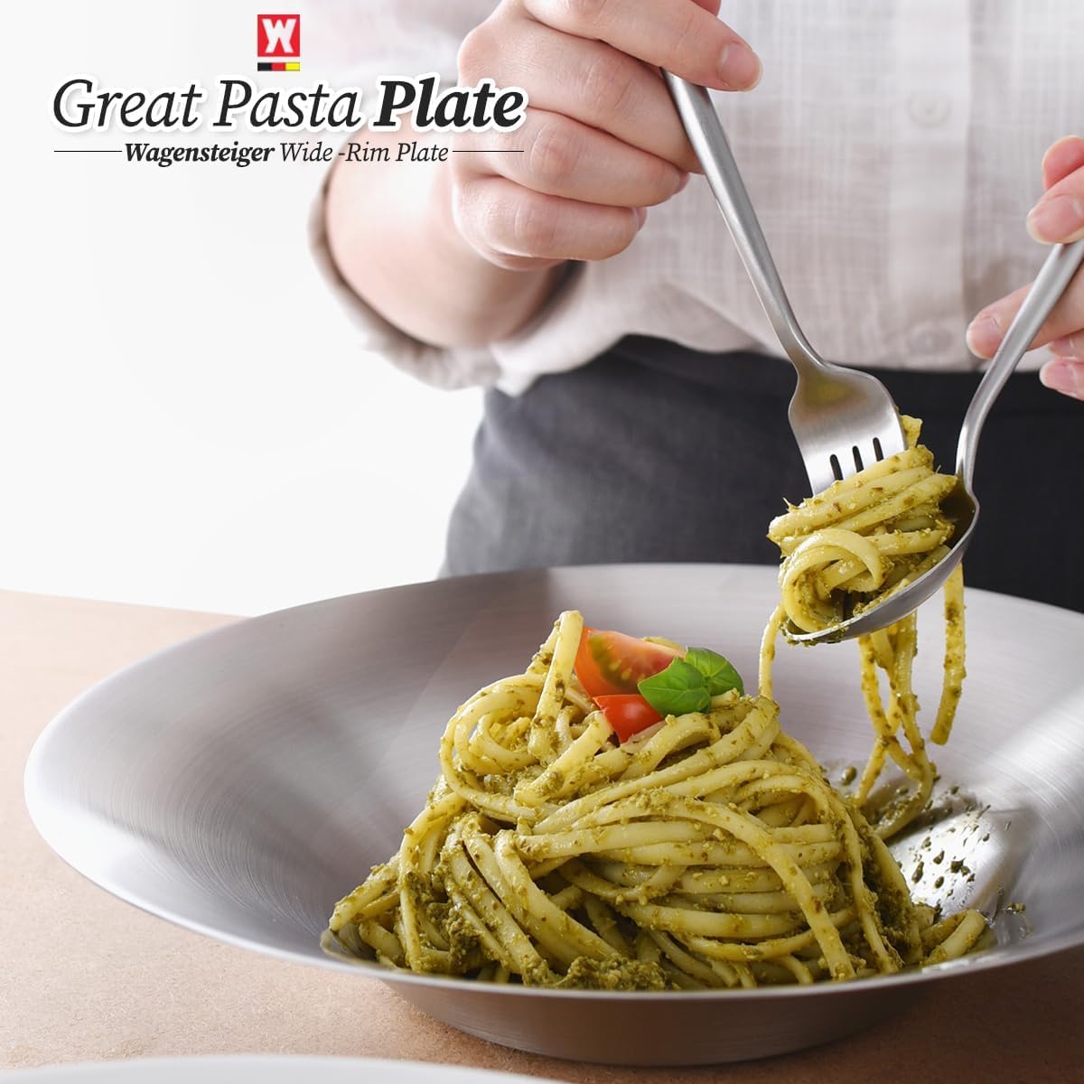 WAGENSTEIGER A Set of 4 Stainless Steel Dinner Plates, Salad Bowls, Spaghetti Serving Platters, Buffet Party Pans, Catering Trays, Classic Brushed Finish, Great for Both Hot & Cold Dishes (4)