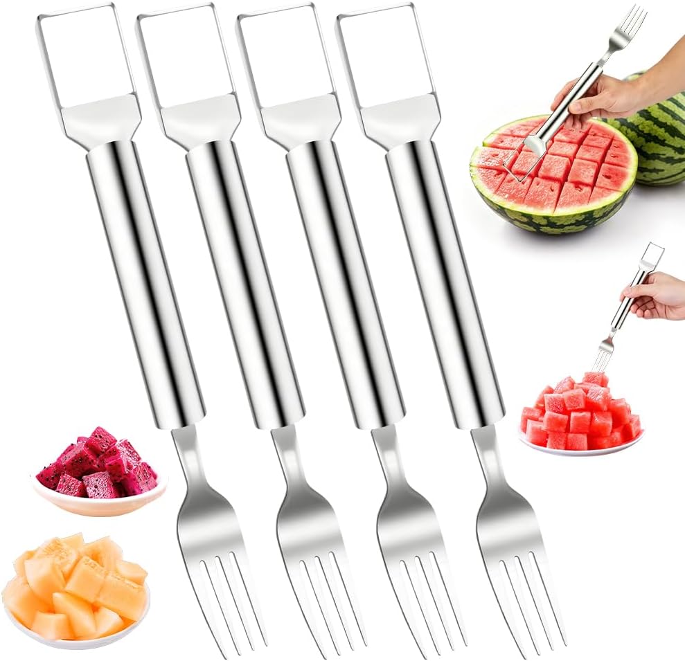 Watermelon Slicer 4pcs 2-in-1 Foldable Stainless Steel Fruit Cutter & Fork, Suitable For Watermelon, Mango,Pineapple, And Other Fruits That Need To Be Cut Into Chunks