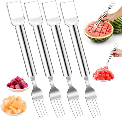 Watermelon Slicer 4pcs 2-in-1 Foldable Stainless Steel Fruit Cutter & Fork, Suitable For Watermelon, Mango,Pineapple, And Other Fruits That Need To Be Cut Into Chunks