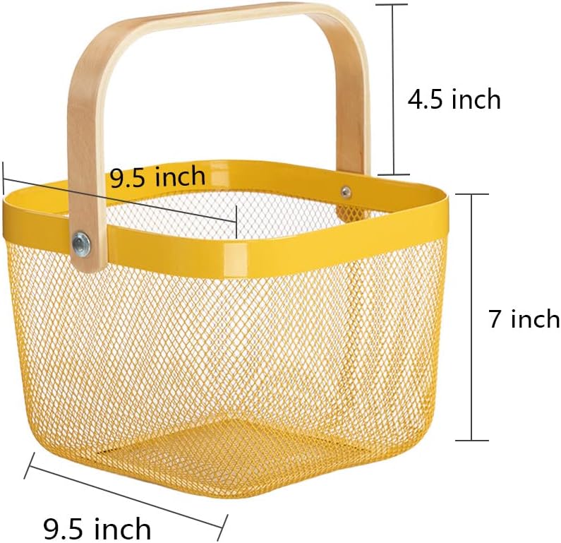 Mesh Steel Storage Organizer Basket Fruit Basket Bin with Wood Handle Ideal for Kitchen Bathroom Picnic Baskets Pantry Cabinets Storage Home Decor (White)