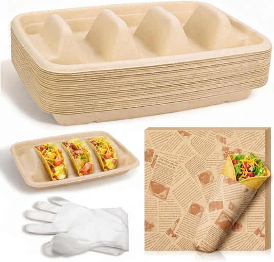 Disposable Taco Holders 24 Pack, Paper Taco Trays for Taco Bar, Includes 100 Grease-Resistant Liners & 100 Serving Gloves