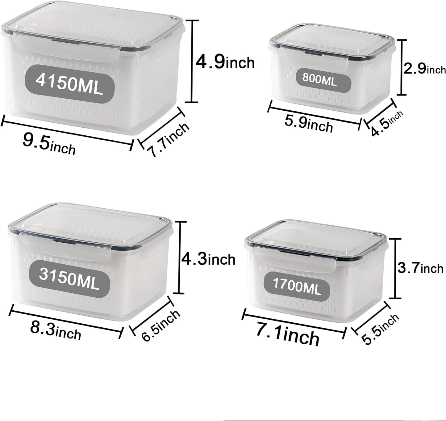 3Pack Fridge Food Storage Container Set with Lids with Strainer,Plastic Fresh Produce Saver Vegetable Fruit Meat Storage Organization, BPA-Free Plastic Produce Keepers(3.15L+1.7L+0.8L)
