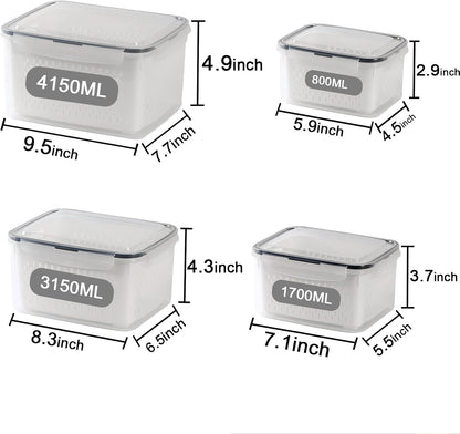3Pack Fridge Food Storage Container Set with Lids with Strainer,Plastic Fresh Produce Saver Vegetable Fruit Meat Storage Organization, BPA-Free Plastic Produce Keepers(3.15L+1.7L+0.8L)