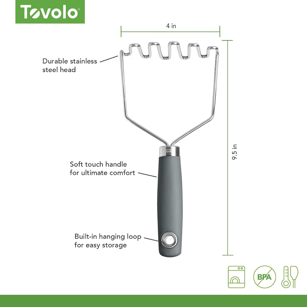 Tovolo Elements Stainless Steel Masher Tool for Mashing Potatoes Avocado Vegetables & More, Dishwasher Safe Potato Masher with Comfort Grip Handle Hanging Loop for Convenient Storage, Charcoal Gray