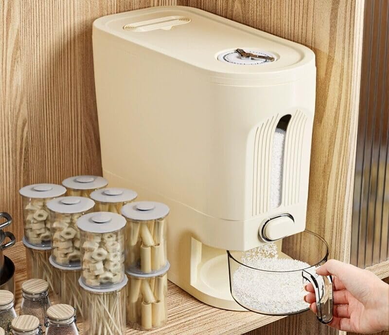 IEEK 25 Lbs Rice Dispenser, Large Cereal Dry Food Storage Containers with Measuring Cup and Lid,Moisture Proof Airtight Food Dispenser Bucket for Rice,Corn,Coffee Bean,Grain,Soybean and Oatmeal,White