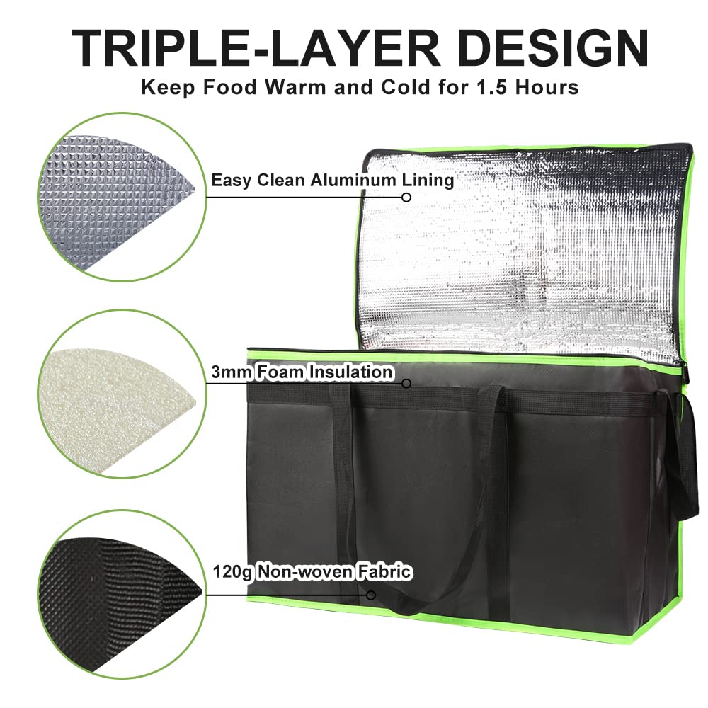 Insulated Food Delivery Bag, XXXL Insulated Reusable Grocery Cooler/Hot Bags, Tote Bag for Shopping/Travel/Doordash, Catering Bag Doordash 22x14x13, Black, 1-Pack