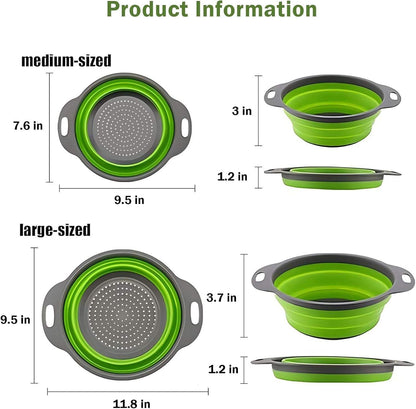 Collapsible Colander Set of 2, Foldable Silicone Pasta Strainer with Handles, 2 Pack Space Saving Kitchen Colander for Fruits,Space Saving Pasta Strainer Basket for Fruits & Vegetables