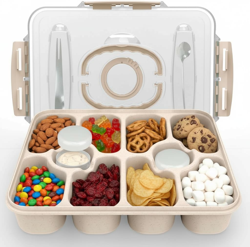 Dishwasher Safe Snackle Box Container, Snack Divided Serving Tray with Lid, Portable Snack Organizer with Date Marker, 2 Dressing Containers, Fork and Spoon, Green