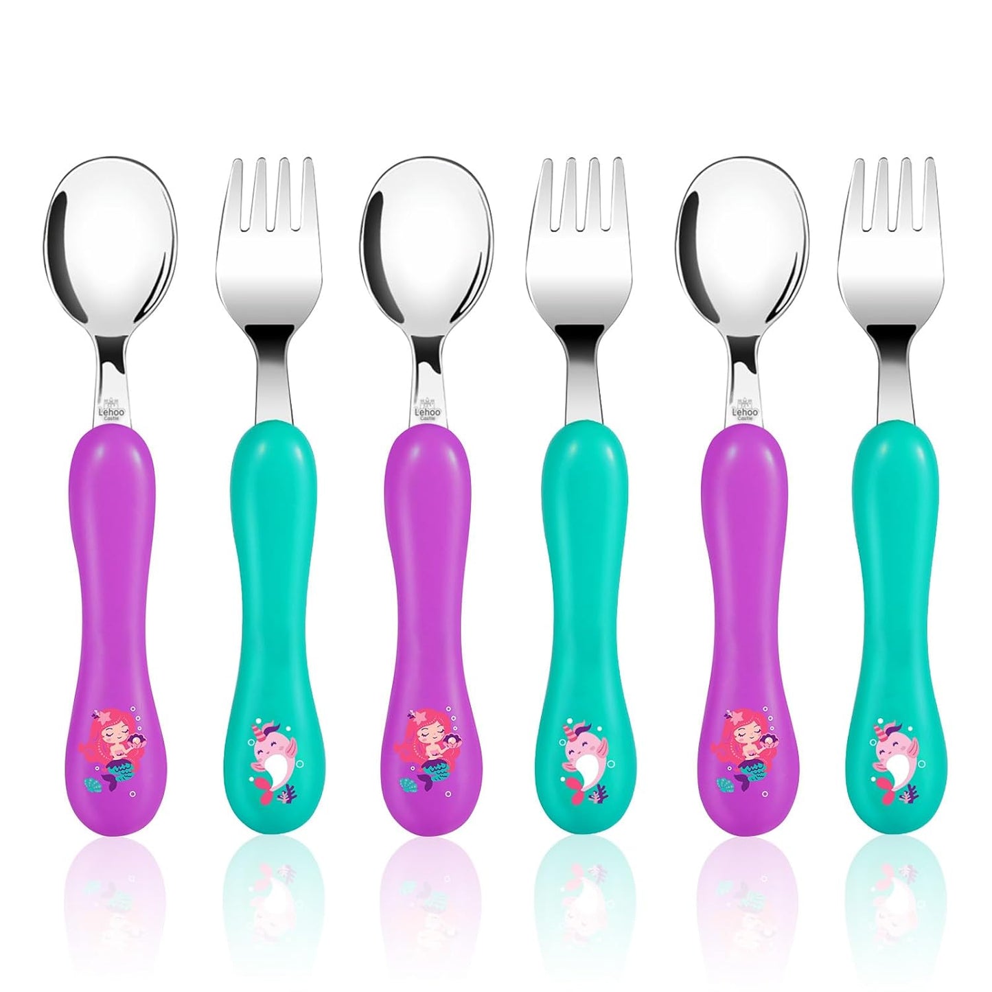 Lehoo Castle 6 Pieces Toddler Utensils, Kids Silverware for 2 3 4 Years Old, Stainless Steel Fork and Spoon Set with Plastic Handle, Safe Toddler Cutlery (Dinosaur)