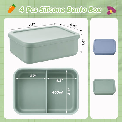 Layhit 4 Pcs Silicone Bento Box for Adults, 27 oz Bento Lunch Container Reusable 3 Compartment Lunchable Food Container for Women Men, Leak Proof Microwave Dishwasher Freezer Safe (Cool Colors)