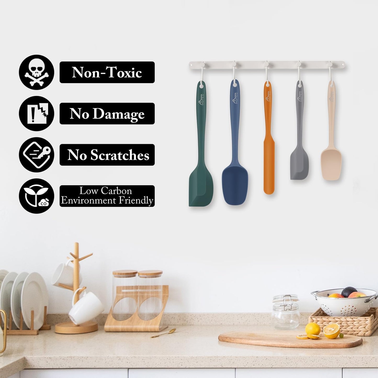HOTEC Heat Resistant 600℉ Food Grade Silicone Rubber Spatula Set for Baking, Cooking, and Mixing Non Stick Dishwasher Safe BPA-Free Multicolor Set of 5