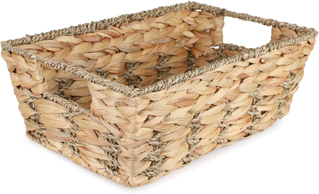 Water Hyacinth storage basket with Handle Shelf Organizing Storage Baskets Hand-woven Rattan Baskets Pantry Bin Organizers for Shelves, Living Room,Decor(Middle)
