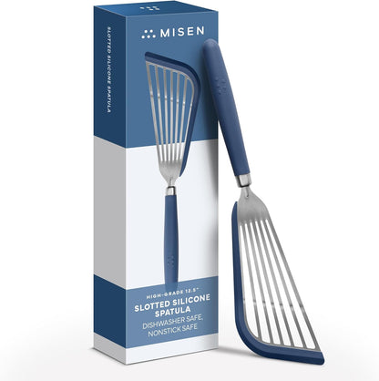Misen Fish Stainless Steel Spatula - Slotted Turner for Cooking - Perfect for Frying - Heat Resistant - Dishwasher Safe -1mm Thick Flexible Flipper - Soft Silicone Grip Handle for Easy Use