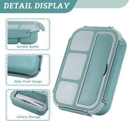QQKO Bento Box Adult Lunch Box, Bento Box for Kids, 1200 ML Lunch Containers for Adults, Food Storage Container With 4 Compartments, Leak-Proof, Microwave, Dishwasher Safe, Green