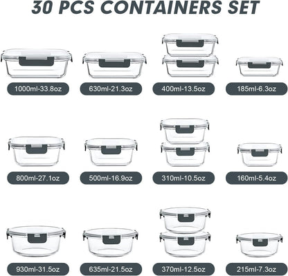 VERONES 30 Pieces Glass Meal Prep Containers Set, Stackable Glass Food Storage Containers with Lids-Airtight Lunch Containers，for Microwave, Oven, Freezer & Dishwasher,Grey