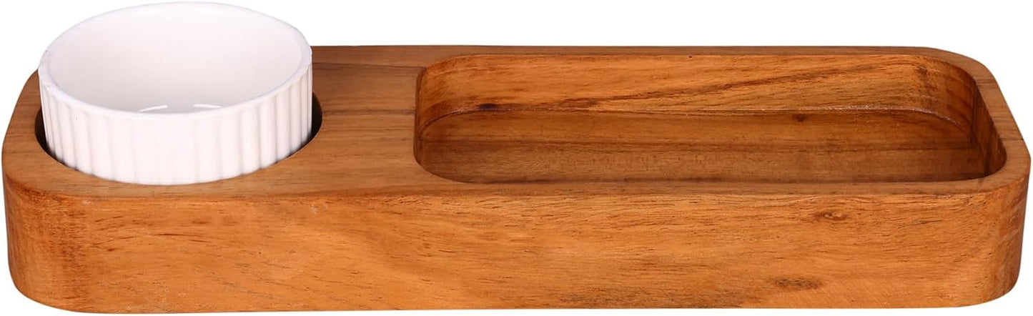 GoCraft Acacia Wood Partition Serving Platter – 12 x 4 Inch – with Ceramic Dip Bowl | Rustic Wooden Snack Tray with Sectioned Compartments for Chips, Nachos, Cheese, Fruits, Appetizer | Natural Finish