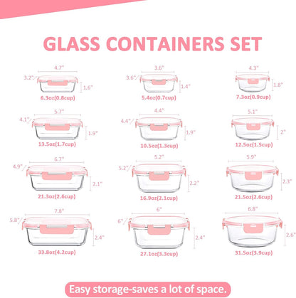 KOMUEE 24 Pieces Glass Food Storage Containers Set, Meal Prep Containers-Stackable Airtight Glass Storage Containers with lids,Freezer, Microwave, Oven Safe,Green