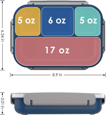 WHALEHOUSE Bento Lunch Box, 1300ML 4 Compartments Meal Prep Container with Utensil, Airtight Food Storage Container with Snap Locking Lids, Microwave/Dishwasher/Freezer Safe, On the Go