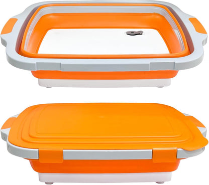 2-Pack XL Collapsible BBQ Prep Tub with Built-in Cutting Board, Lid & Strainer – Multipurpose Meal Prep Container for Outdoor Cooking, BBQ Parties, Kitchen & Travel Use (Black)