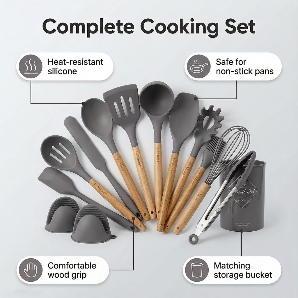 Silicone Cooking Utensils Set, Kitchen Utensils for Cooking with Holder, Wooden Handle Silicone Utensils Spatula Set, Heat Resistant, BPA Free, Non Toxic Kitchen Gadgets, Gray