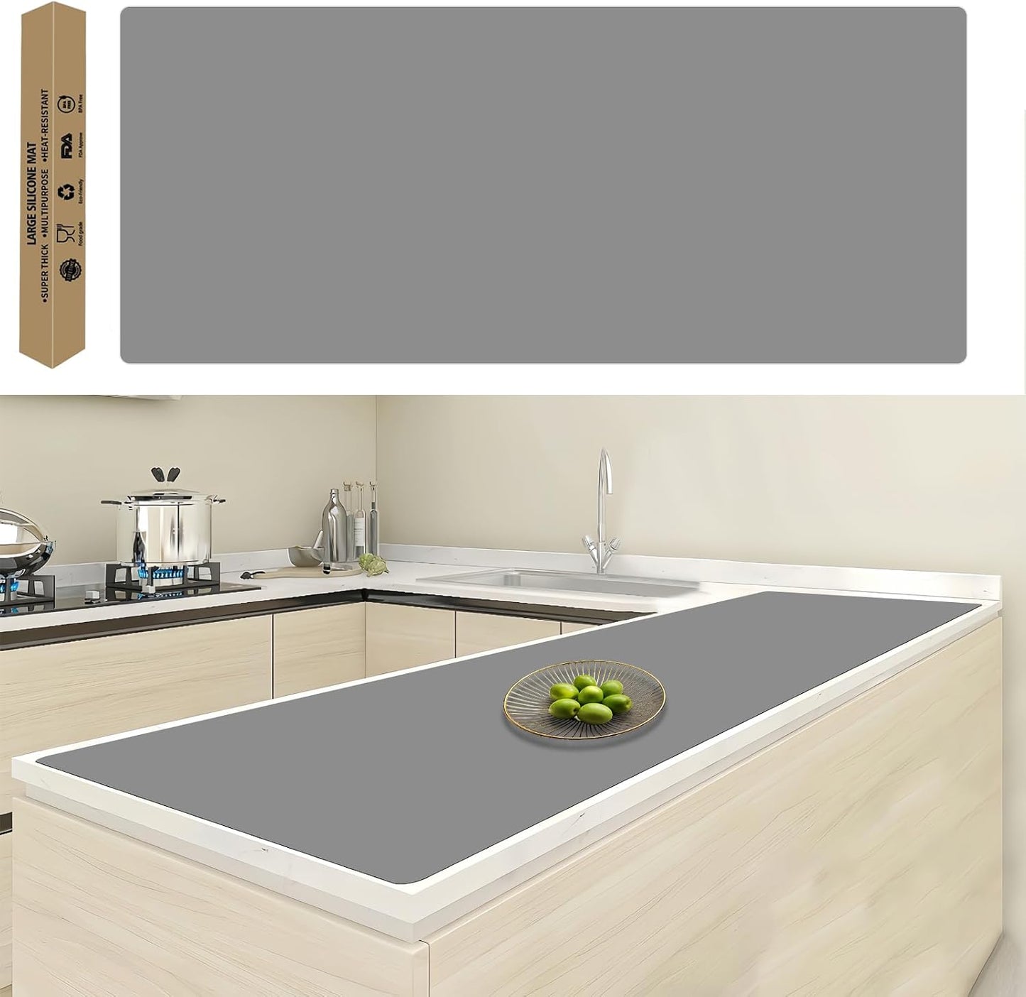 47.2"x23.6"(120cmx60cm) Large Silicone Mat for Kitchen Counter, Non-Slip Heat Resistant Countertop Protector, Waterproof Multipurpose Mat for Kitchen Island, Black