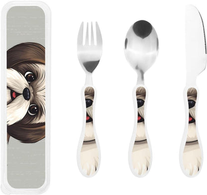 3-Piece Kids Silverware Set With Storage Case, Stainless Steel Reusable Children Safe Knife Spoon Fork Set Shih Tzu Dog Children Flatware Set For Kids Lunch Box