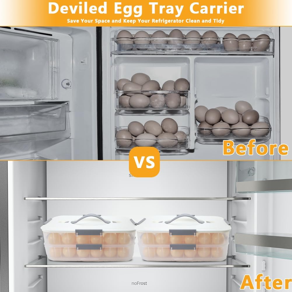 2-Layer Deviled Egg Containers With Lid, 36PCS Deviled Egg Tray Carrier with Handle and Piping Tool, Portable Stackable Egg Holder Platter Holder Organizer for Refrigerator Party Picnic Leak-Proof