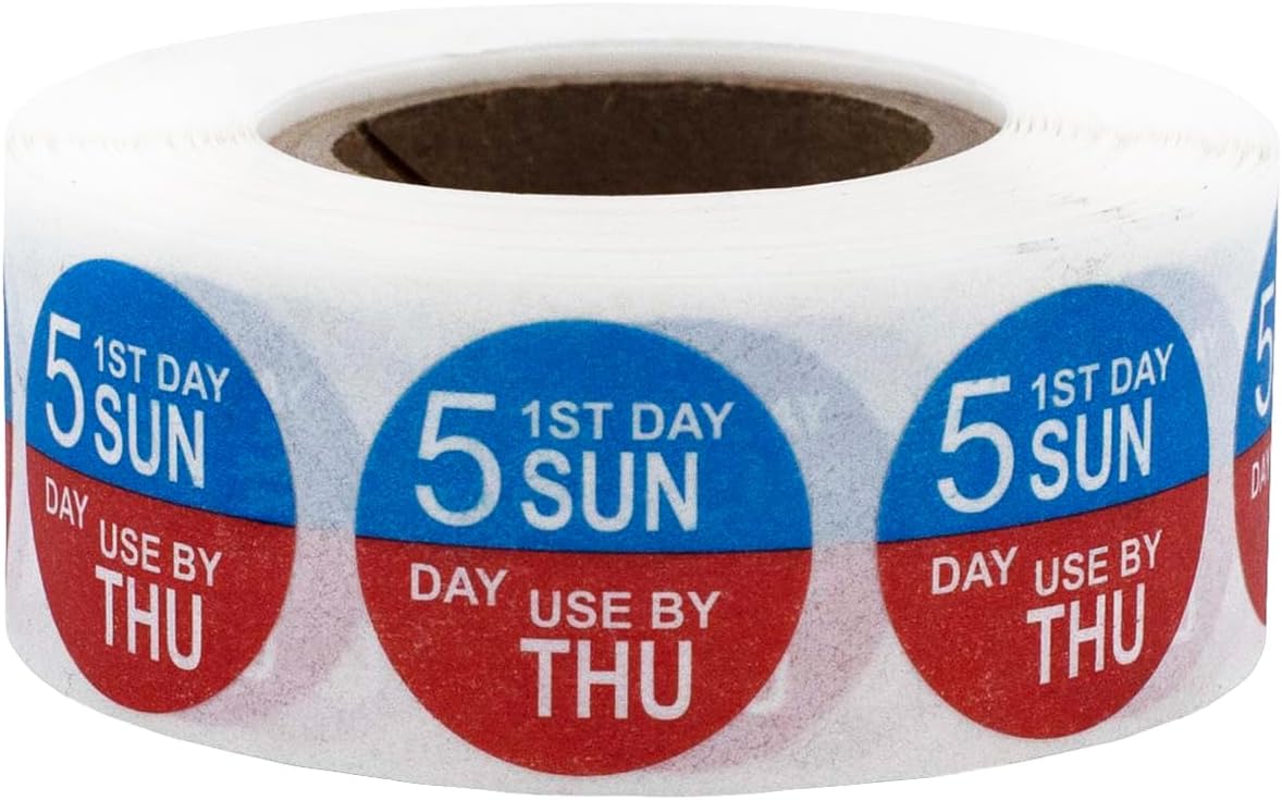 Dissolvable Tuesday Through Saturday 5 Day Food Rotation Labels, 3/4 Inch Use by Stickers, 500 Total Adhesive Labels on a Roll for Restaurant and Kitchen Prep – Made in The USA