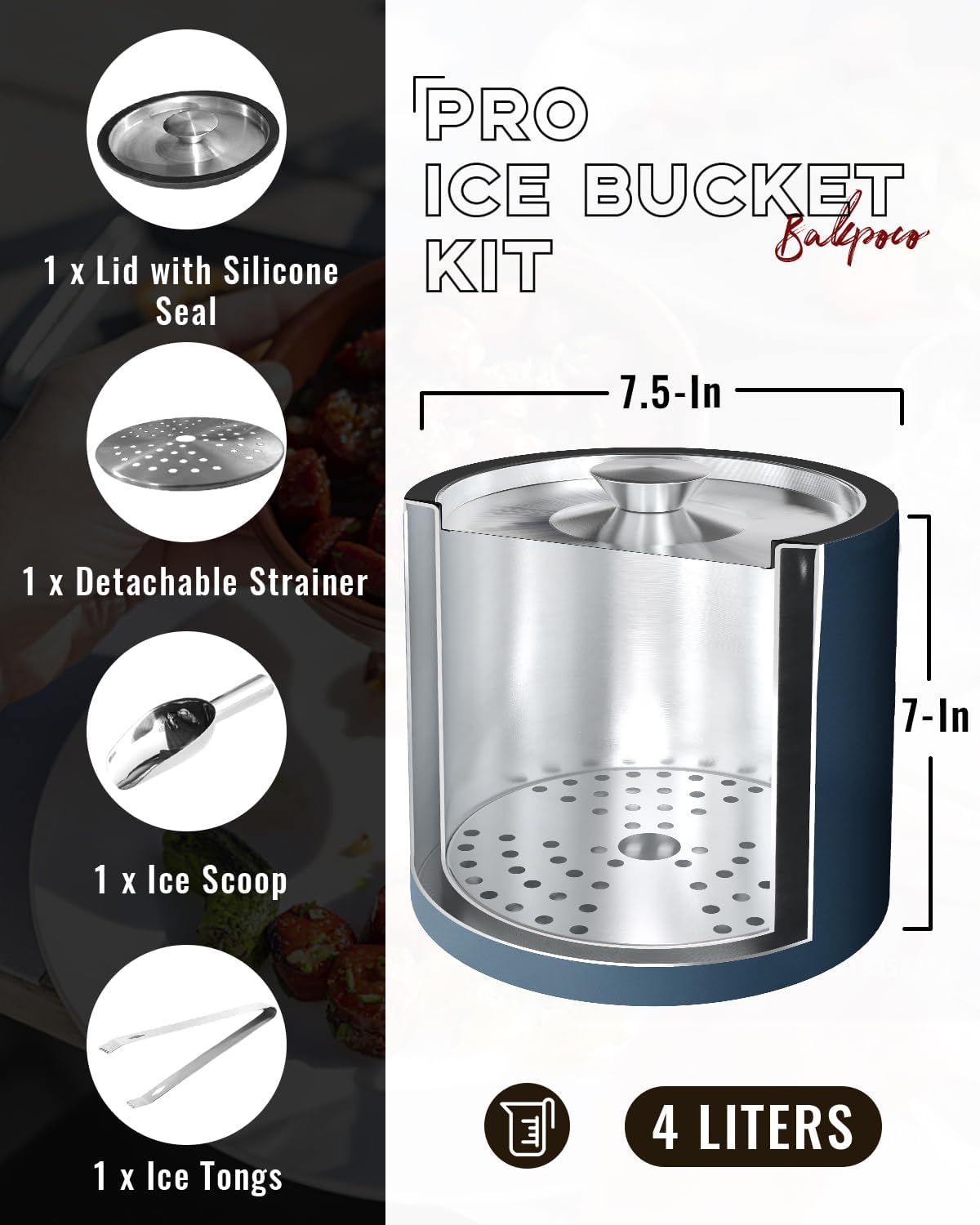 Bakpoco Insulated Ice Bucket with Silicone Lid, Scoop, Tongs & Strainer, 3L Stainless Steel Double Wall Ice Buckets for Parties & Cocktail Bar, Champagne Ice Bucket with Lid for Freezer, Ivory