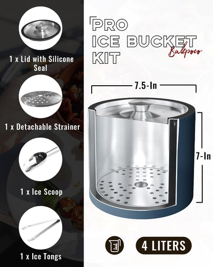 Bakpoco Insulated Ice Bucket with Silicone Lid, Scoop, Tongs & Strainer, 3L Stainless Steel Double Wall Ice Buckets for Parties & Cocktail Bar, Champagne Ice Bucket with Lid for Freezer, Ivory