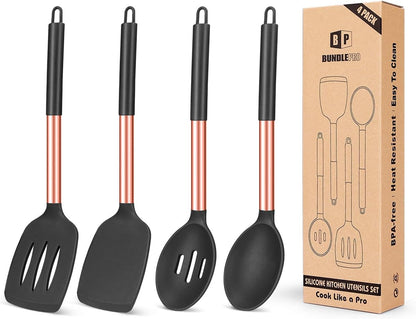 Pack of 4 Silicone Cooking Utensils Set, Non Stick Large Solid Spatulas, Heat Resistant Black Slotted Spoons, Ideal BPA Free Kitchen Turners for Frying, Mixing,Serving,Draining,Turning,Stirring
