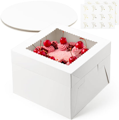 ZORRITA 2 Pack Cake Boxes, 10 x 10 x 8 Inches Tall Cake Boxes with Cake Boards, Disposable Cake Containers with Lids and Window for Wedding, Birthday, Party