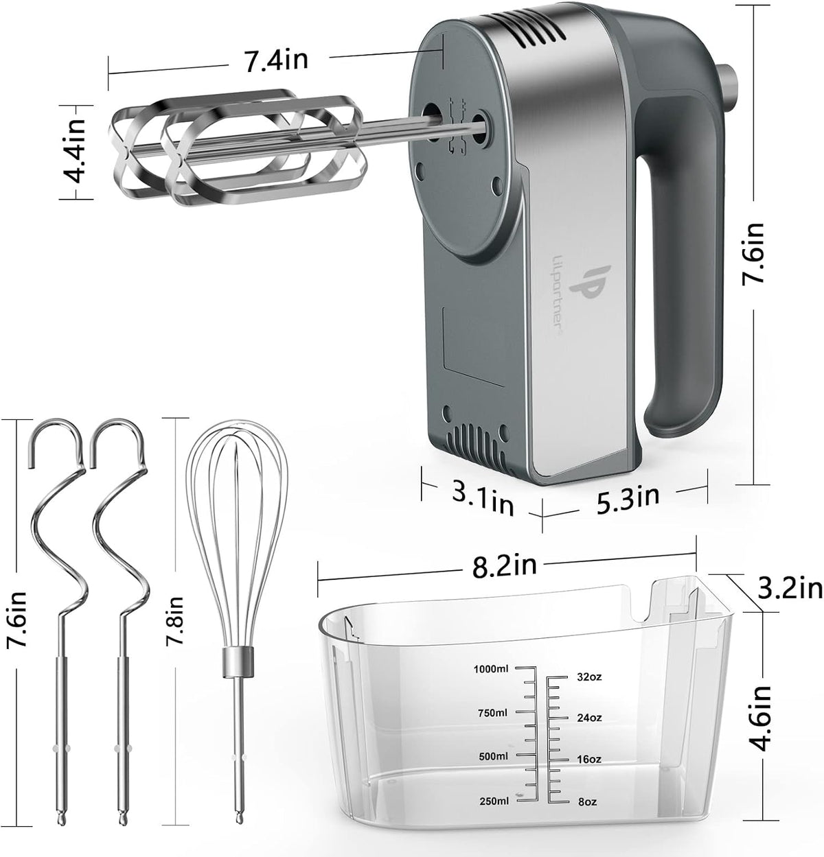 Hand Mixer Electric, 450W Kitchen Mixers with Scale Cup Storage Case, Turbo Boost/Self-Control Speed + 5 Speed + Eject Button + 5 Stainless Steel Accessories, For Easy Whipping Dough, Cream, Black