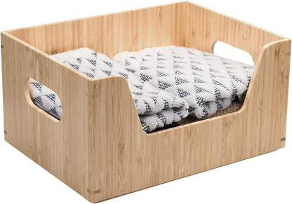 Bamboo Storage Box with Open Front Stackable Bin Organizer to use in kitchen pantries, cabinets and countertops, 14 x 11 x 6.5 inches