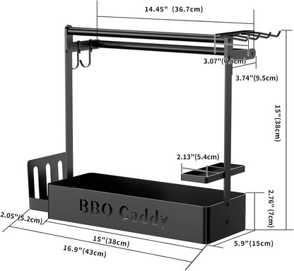 Grill Caddy, BBQ Caddy with Paper Towel Holder for Plate Cutlery, Flatware Caddy Picnic Condiment Caddy with 4 Hooks, Grill Utensil Caddy for Outdoor Barbecue Accessories Organizer