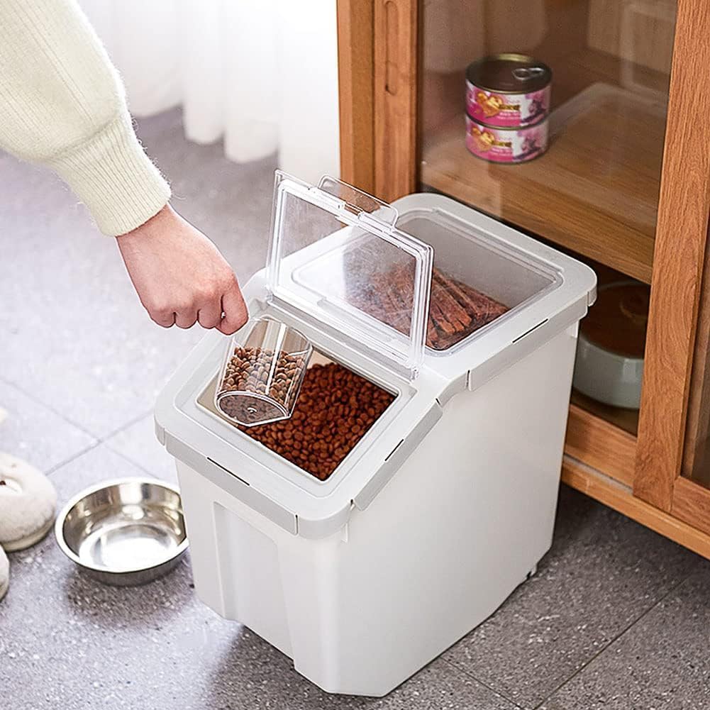 RUIAN Dog Food Storage Container Airtight Dry Cat Food Bin with Measuring Cup and Handle, Holds About 10-20 lb Depending on Kibble Size, BPA Free Pet Food Storage Container(Grey&Pink, 2Pcs)