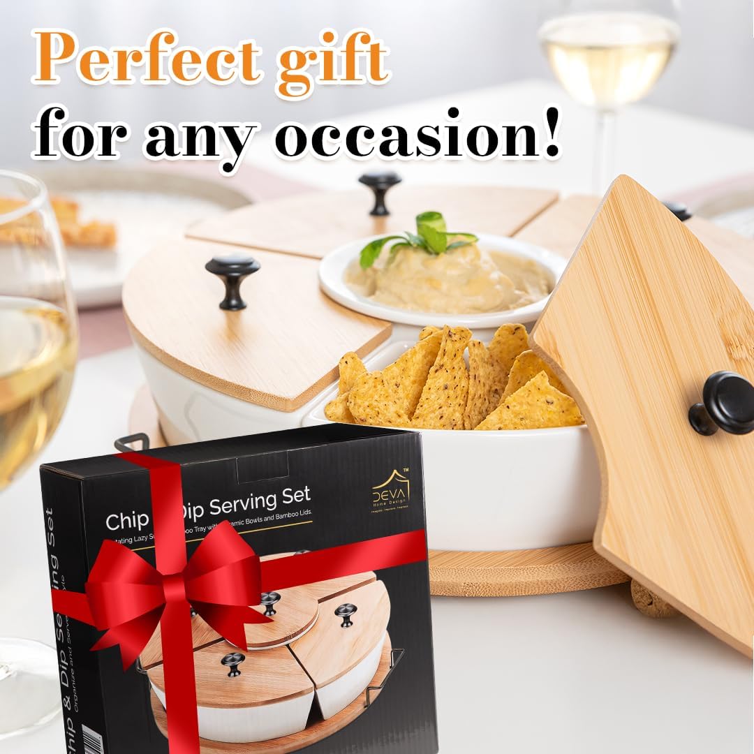 Chip and Dip Serving Set | Rotating Bamboo Lazy Susan Appetizer Tray with Black Handles | White Ceramic Bowls with Bamboo Lids | Divided Round Party Platter | Giftable