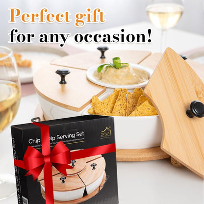 Chip and Dip Serving Set | Rotating Bamboo Lazy Susan Appetizer Tray with Black Handles | White Ceramic Bowls with Bamboo Lids | Divided Round Party Platter | Giftable