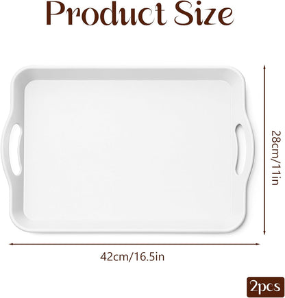 Set of 2 Large White Melamine Serving Tray with Handles, Rectangular Outdoor Dinner Tray Plastic Fruit Serving Platters Trays for Eating, Appetizer, Charcuterie, Snack, Fruit, Desserts, Food Parties