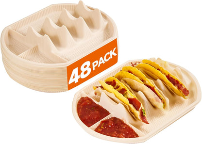 24 PCS Large Disposable Taco Holder for Party, Cornstarch Plates, Stand for 3 Tacos, 2 Dipping Areas, Fiesta Trays for Tuesday, Bar Serving Set, Microwave Safe