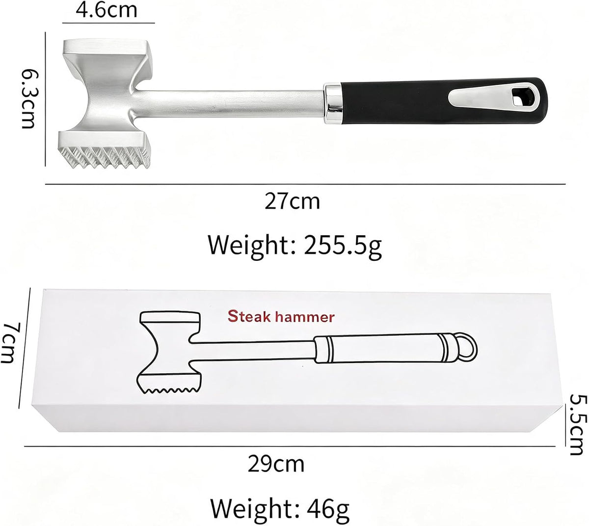 Meat Tenderizer Hammer, Dual Sided Steak Mallet, Solid Aluminum