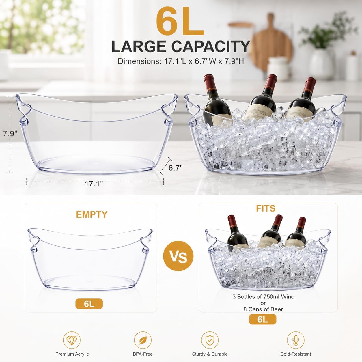 Clear Ice Bucket for Parties, 6L Large Acrylic Beverage Tub with Handles & Scoop, Thick BPA-Free Plastic Wine Chiller Bucket for Champagne, Beer, Mimosa Bar, BBQ & Entertaining(1 Pcs)